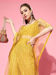 Incredible Mustard Polyester Embellished Crop Top - inddus-us