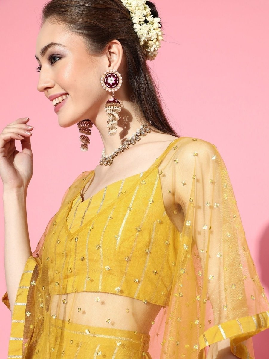 Incredible Mustard Polyester Embellished Crop Top - inddus-us