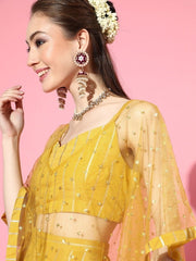 Incredible Mustard Polyester Embellished Crop Top - inddus-us