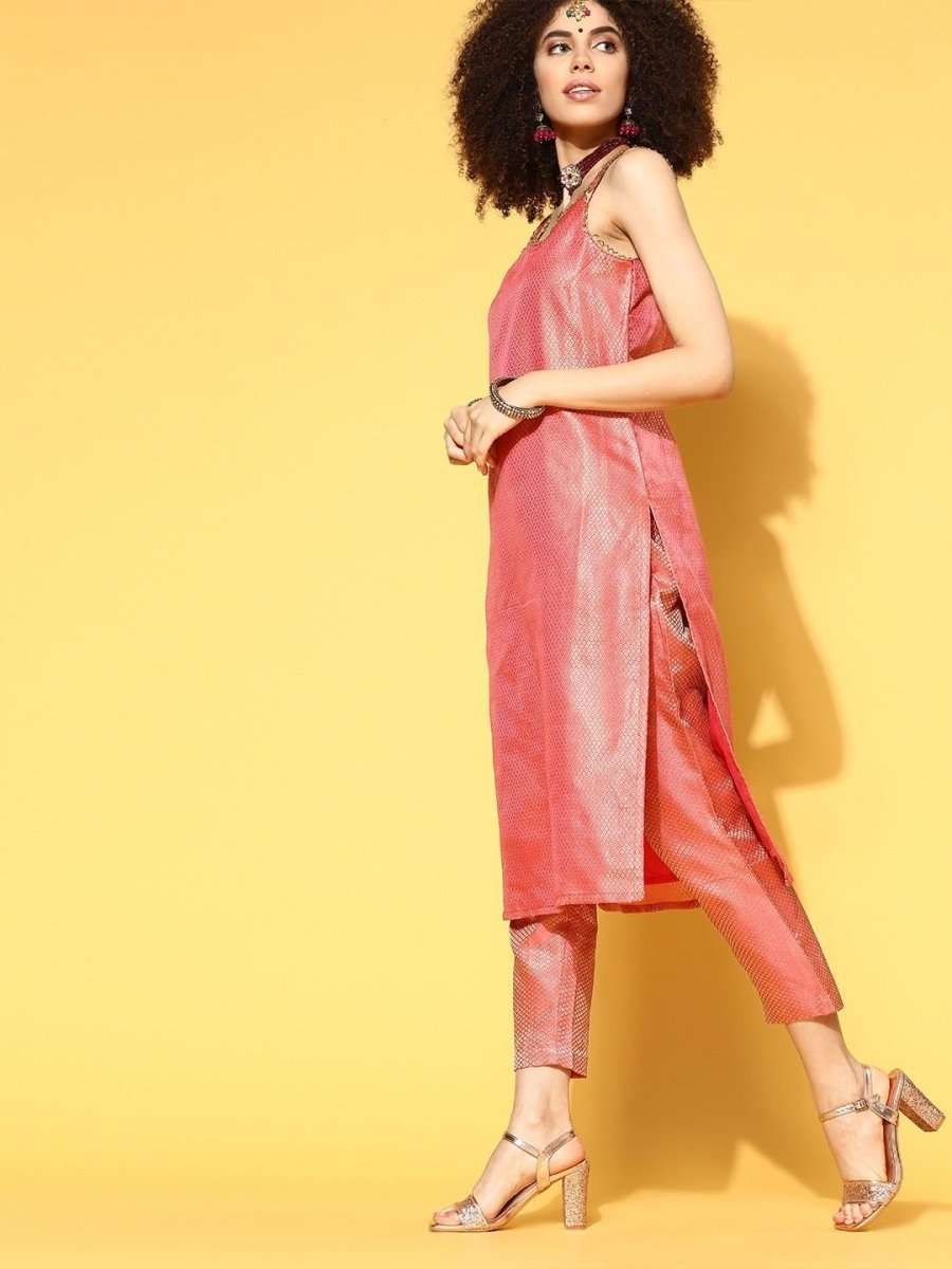 incredible pink silk blend woven design kurta set