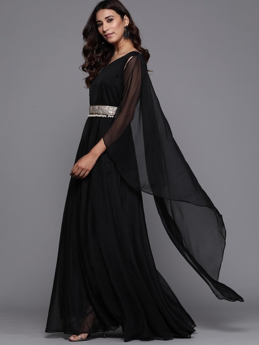 Inddus Black Solid One-Shoulder Maxi Dress with Attached Dupatta - inddus-us