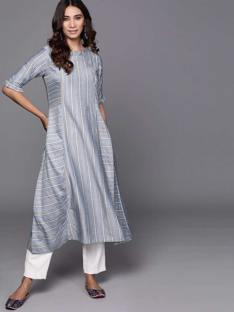 Inddus Blue & Grey Striped A-Line Kurta - Inddus.com