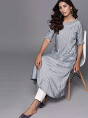 Inddus Blue & Grey Striped A-Line Kurta - Inddus.com
