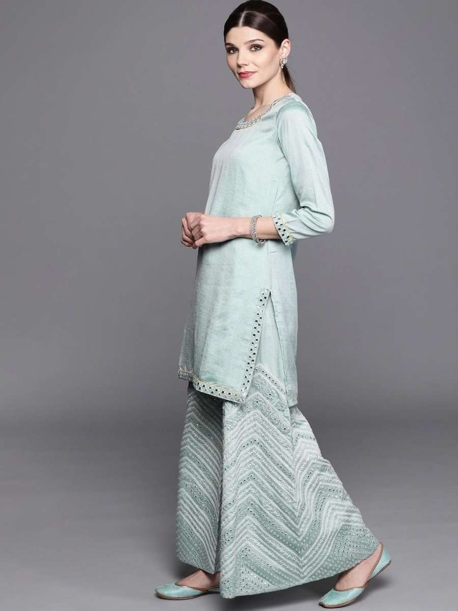 Inddus Blue Solid Kurta with Palazzos & Dupatta - inddus-us