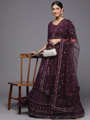 Inddus Burgundy Embroidered Thread Work Semi-Stitched Lehenga & Unstitched Blouse With Dupatta Net - Inddus.com