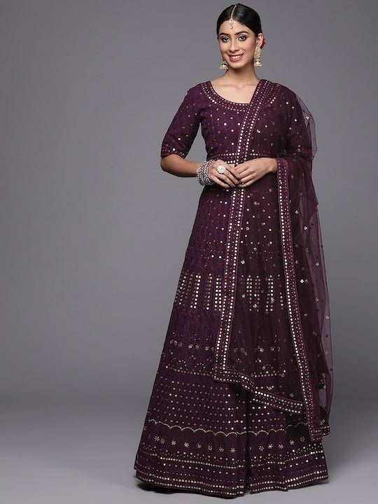 Inddus Burgundy Embroidered Thread Work Semi-Stitched Lehenga & Unstitched Blouse With Dupatta Net - Inddus.com