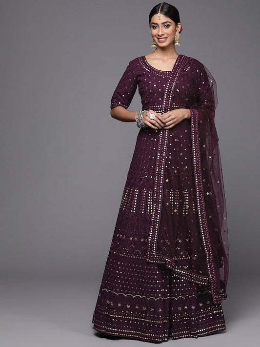 Inddus Burgundy Embroidered Thread Work Semi-Stitched Lehenga & Unstitched Blouse With Dupatta Net - Inddus.com