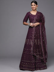 Inddus Burgundy Embroidered Thread Work Semi-Stitched Lehenga & Unstitched Blouse With Dupatta Net - Inddus.com