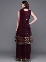 Inddus Burgundy & Golden Embroidered Kurta with Sharara & Dupatta - Inddus.com