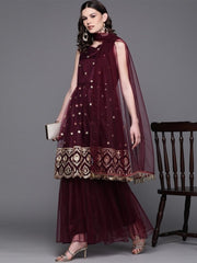 Inddus Burgundy & Golden Embroidered Kurta with Sharara & Dupatta - Inddus.com