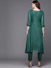 Inddus Green & Golden Self-Striped Kurta with Trousers - Inddus.com