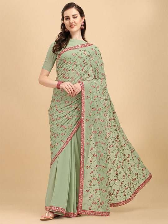 Inddus Green Pink Floral Embroidered Sequinned Saree - Inddus.com