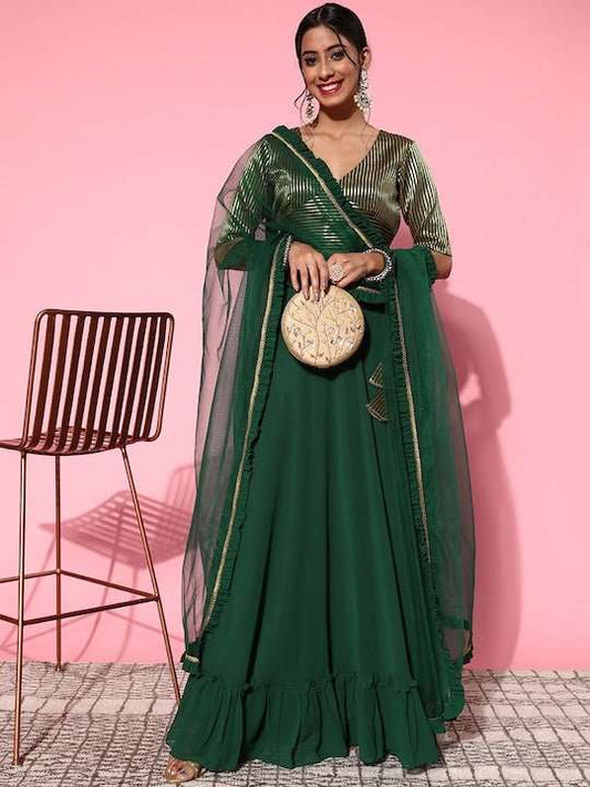 Inddus Green Semi-Stitched Lehenga Unstitched Blouse With Dupatta - Inddus.com