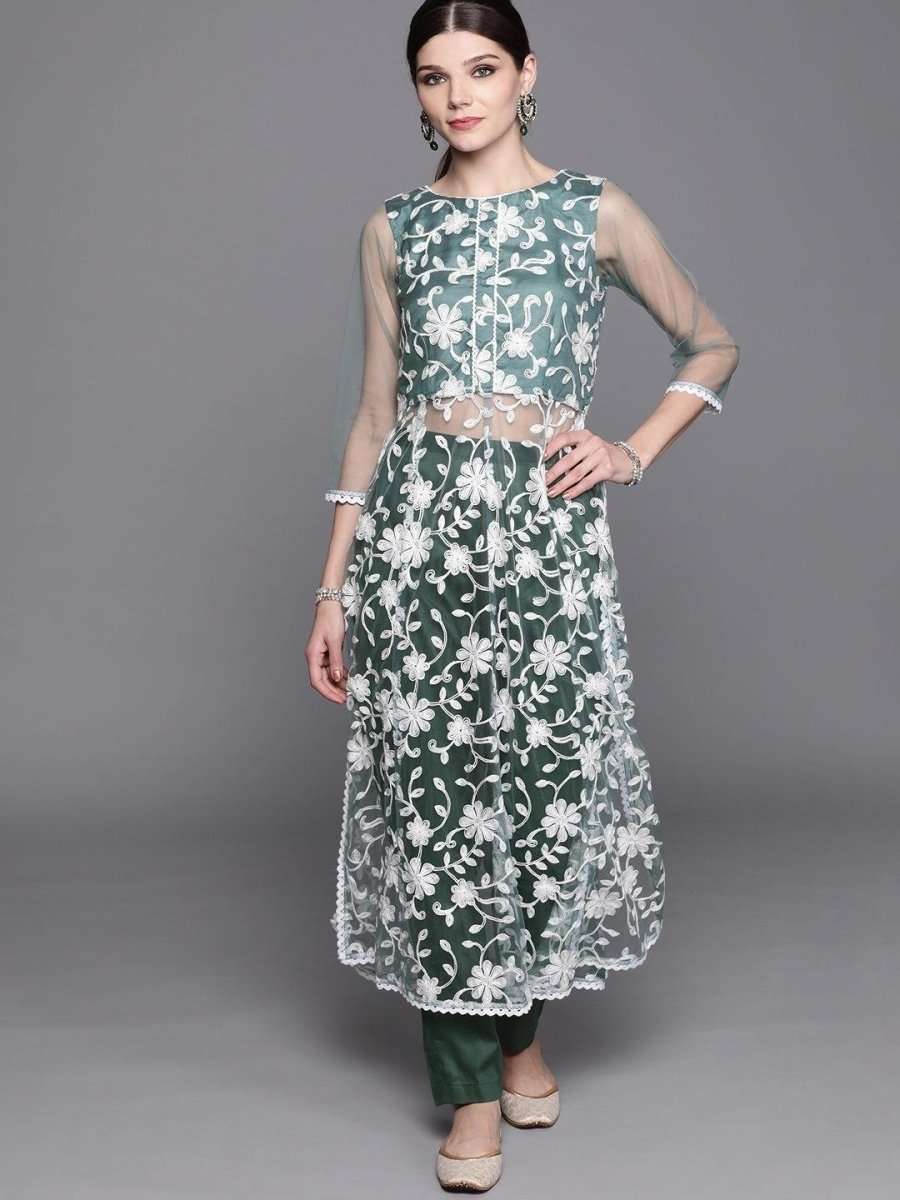 Inddus Green & White Embroidered Kurta with Trousers - Inddus.com