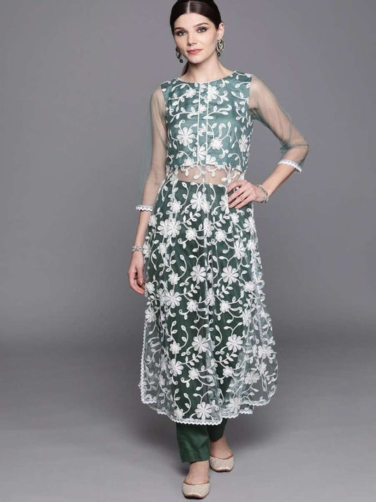Inddus Green & White Embroidered Kurta with Trousers - Inddus.com