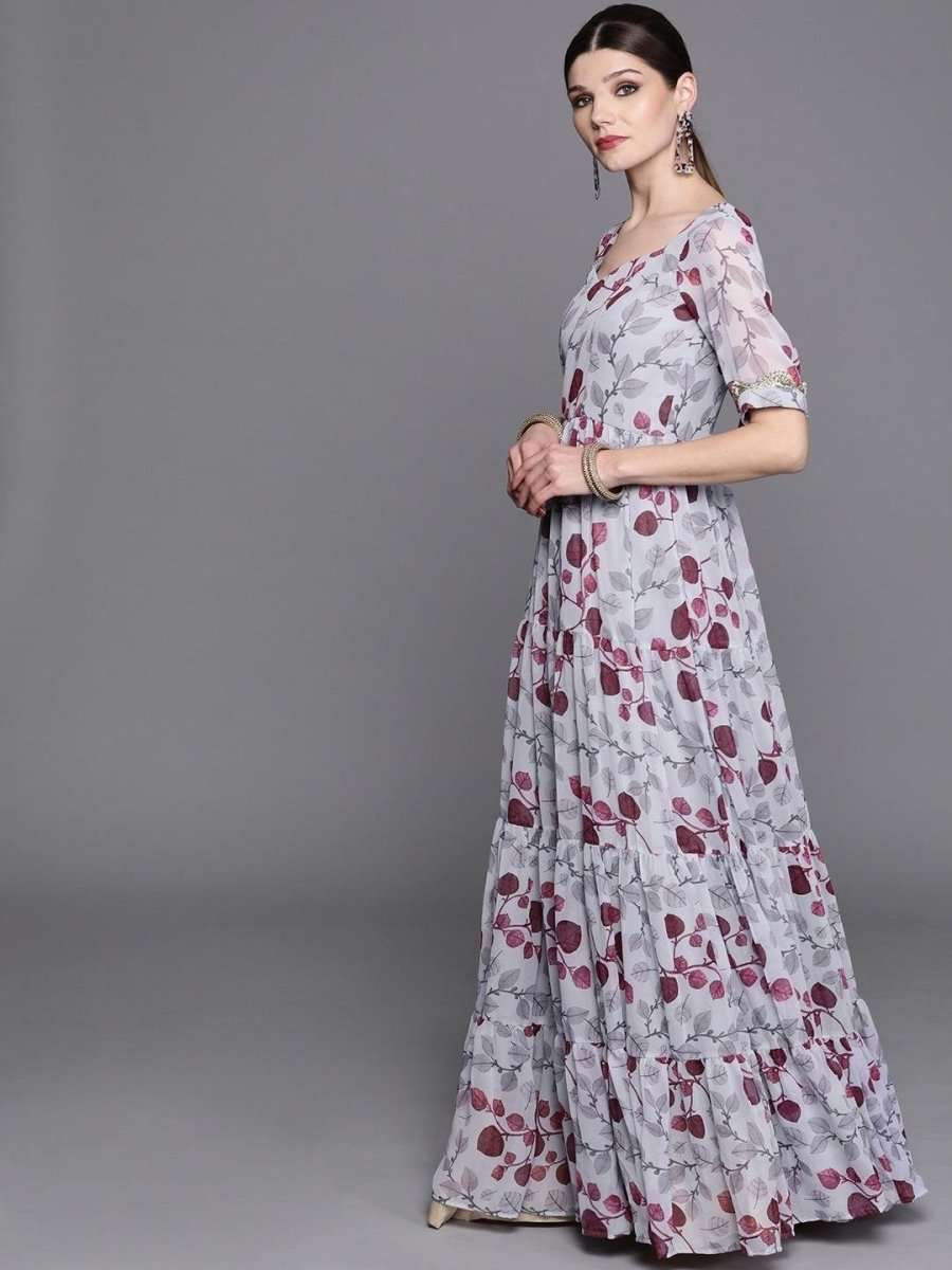 Inddus Grey & Maroon Printed Anarkali Kurta with Dupatta - Inddus.com