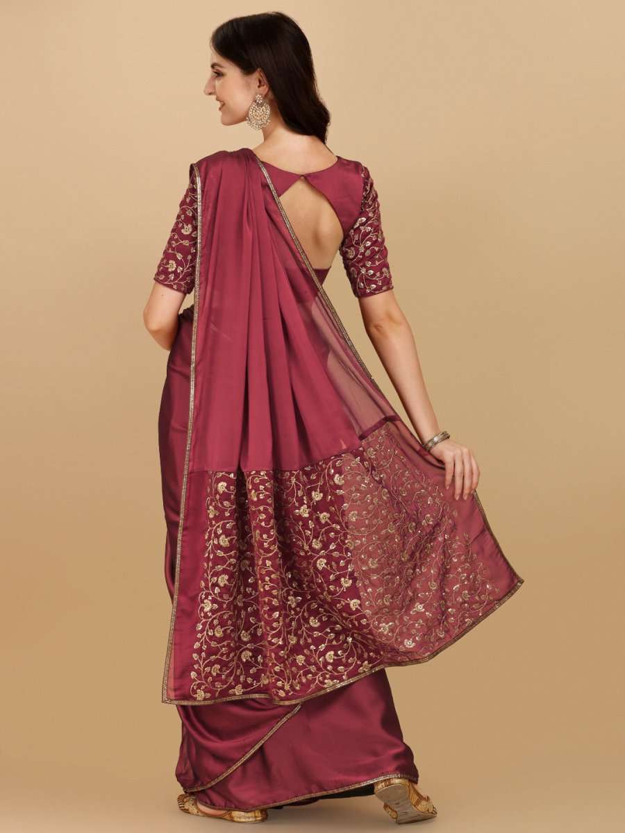 Inddus Maroon Gold-Toned Sequinned Silk Blend Saree - Inddus.com