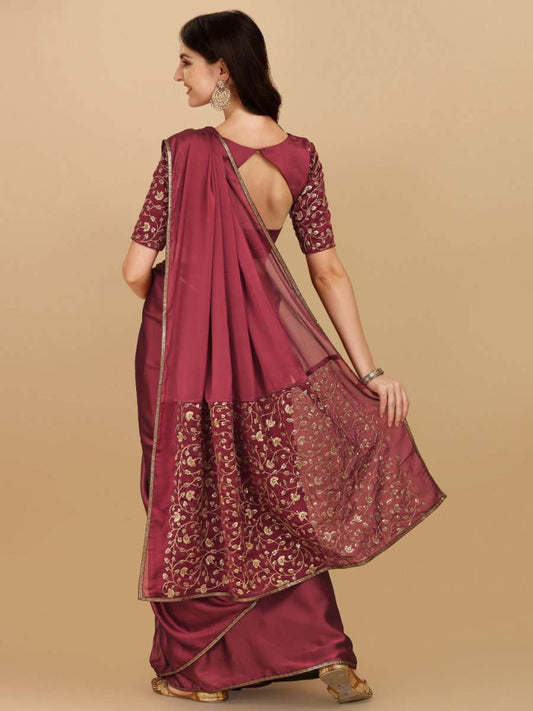 Inddus Maroon Gold-Toned Sequinned Silk Blend Saree - Inddus.com