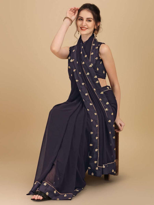 Inddus Mauve Gold-Toned Embroidered Saree - Inddus.com