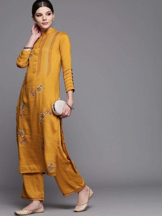 Inddus Mustard Yellow Floral Embroidered Kurta with Palazzos - inddus-us