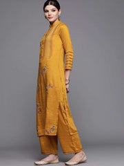 Inddus Mustard Yellow Floral Embroidered Kurta with Palazzos - inddus-us