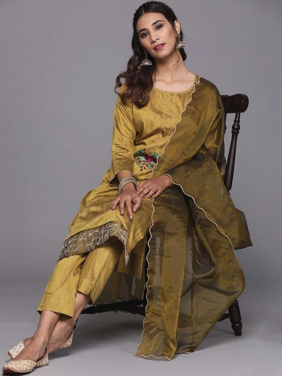 Inddus Mustard Yellow Solid Kurta with Trousers & Dupatta - inddus-us