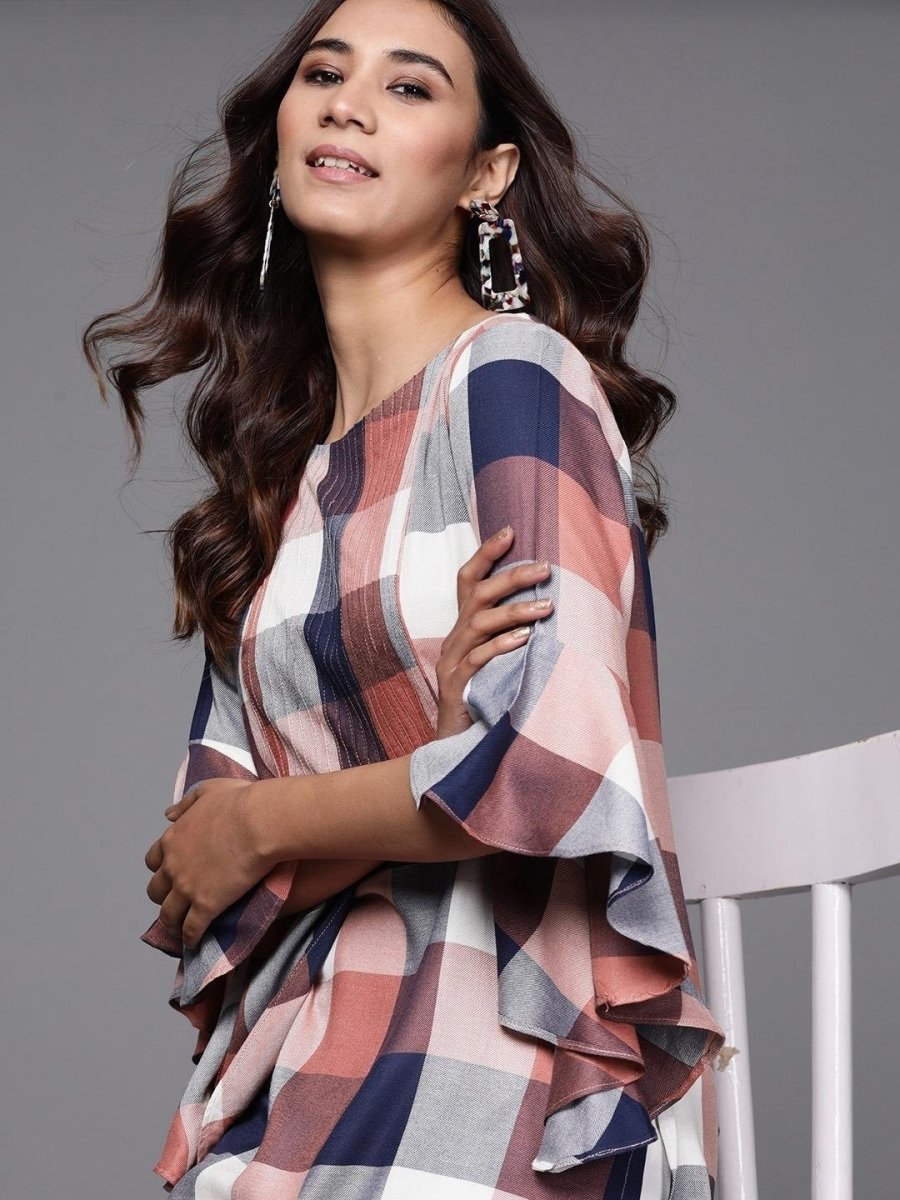 Inddus Navy Blue & White Checked Straight Kurta - Inddus.com