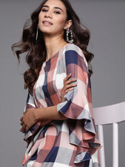 Inddus Navy Blue & White Checked Straight Kurta - Inddus.com