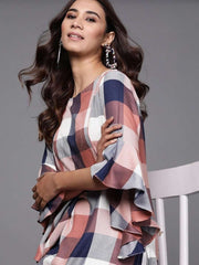 Inddus Navy Blue & White Checked Straight Kurta - Inddus.com