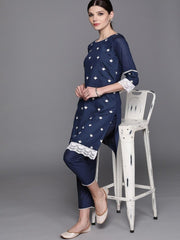 Inddus Navy & White Chanderi Cotton Embroidered Kurta with Trousers - Inddus.com