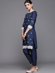 Inddus Navy & White Chanderi Cotton Embroidered Kurta with Trousers - Inddus.com