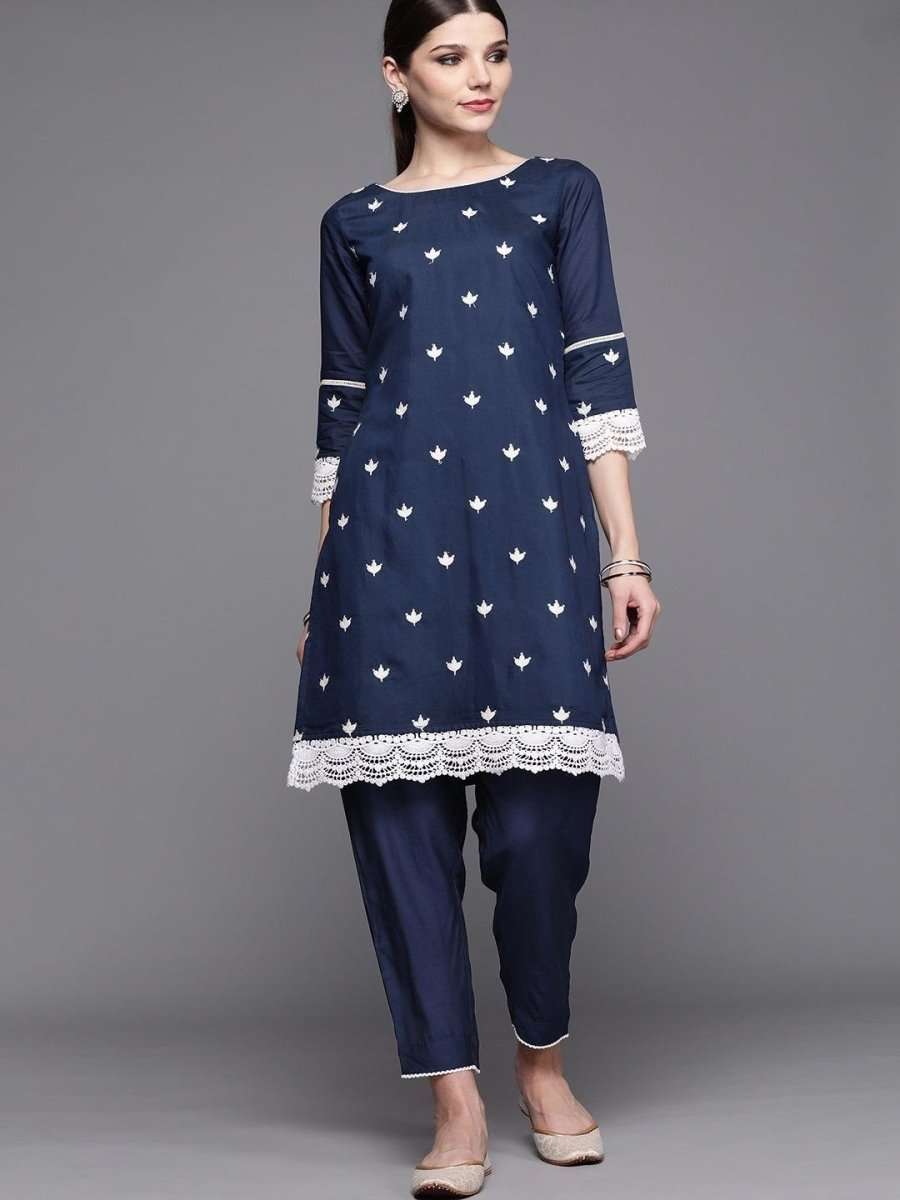 Inddus Navy & White Chanderi Cotton Embroidered Kurta with Trousers - Inddus.com