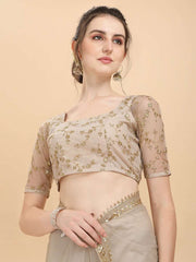 Inddus Off White Gold-Toned Sequinned Net Saree - Inddus.com