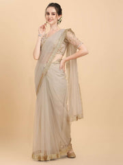 Inddus Off White Gold-Toned Sequinned Net Saree - Inddus.com
