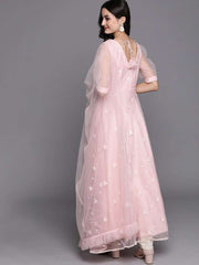 Inddus Pink Embroidered Net Anarkali Kurta With Dupatta - Inddus.com