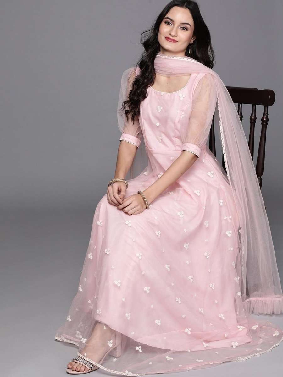 Inddus Pink Embroidered Net Anarkali Kurta With Dupatta - Inddus.com
