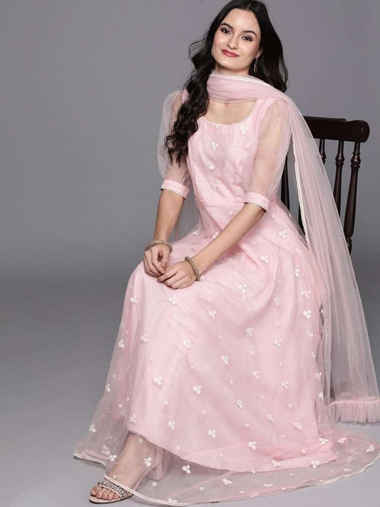 Inddus Pink Embroidered Net Anarkali Kurta With Dupatta - Inddus.com