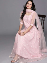 Inddus Pink Embroidered Net Anarkali Kurta With Dupatta - Inddus.com
