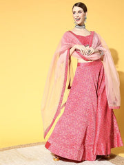 Inddus Pink Floral Woven Desing Semi-Stitched Lehenga And Unstitched Blouse With Dupatta - Inddus.com