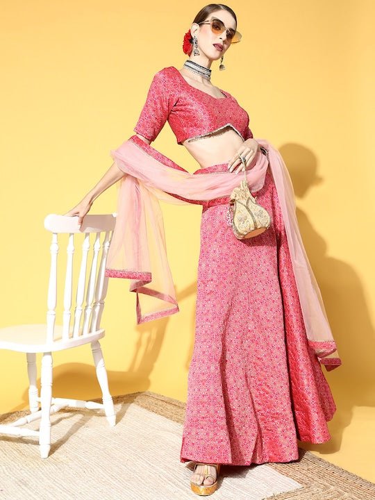 Inddus Pink Floral Woven Desing Semi-Stitched Lehenga And Unstitched Blouse With Dupatta - Inddus.com