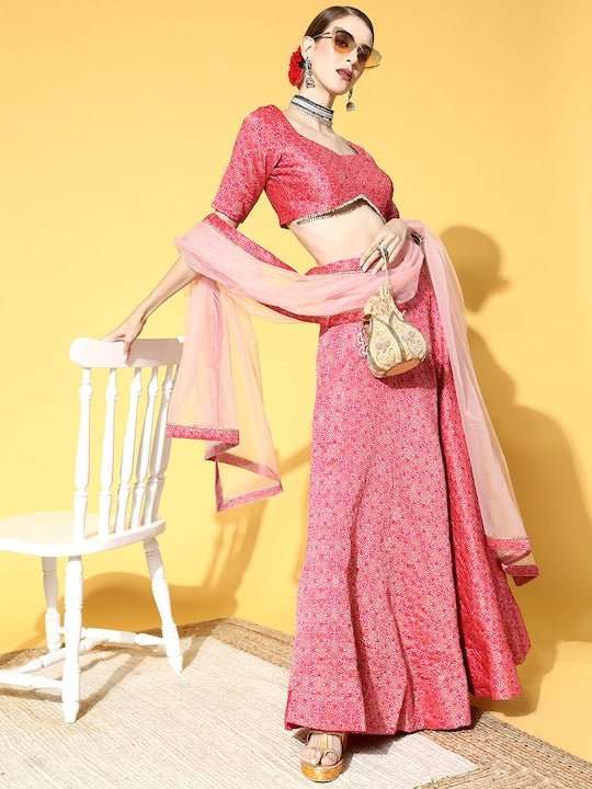 Inddus Pink Floral Woven Desing Semi-Stitched Lehenga And Unstitched Blouse With Dupatta - Inddus.com
