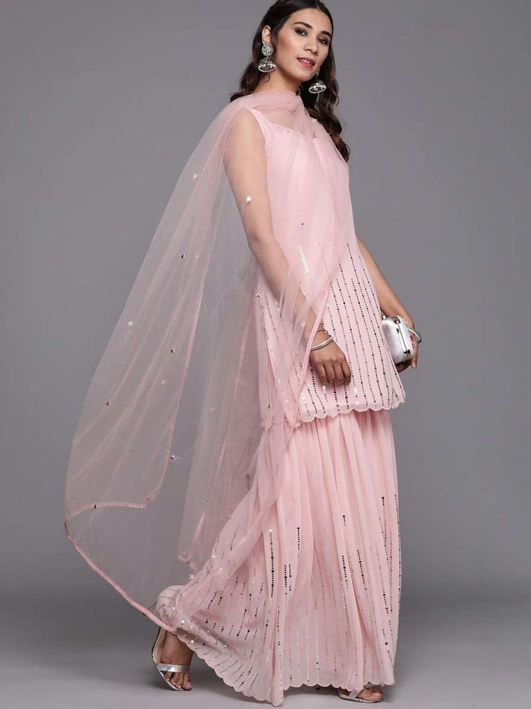 Babyhug Three Forth Sleeves Kurti & Sharara With Dupatta Sequin Embroidery - Candy Pink