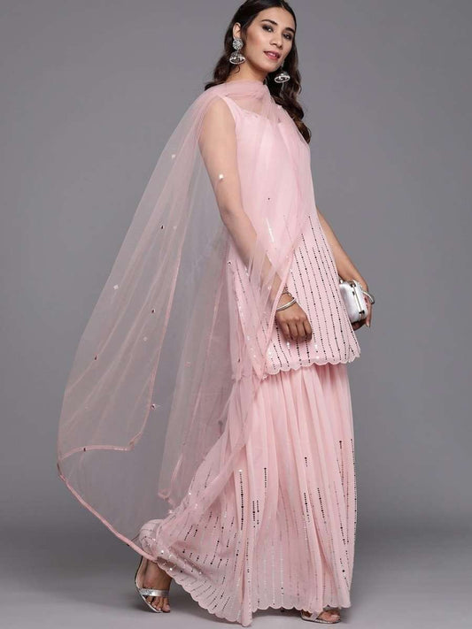 Inddus Pink Mirror Work Kurti with Sharara & Dupatta - inddus-us