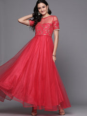 Inddus Pink Net Sequinned Maxi Dress - inddus-us