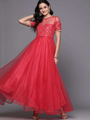 Inddus Pink Net Sequinned Maxi Dress - inddus-us