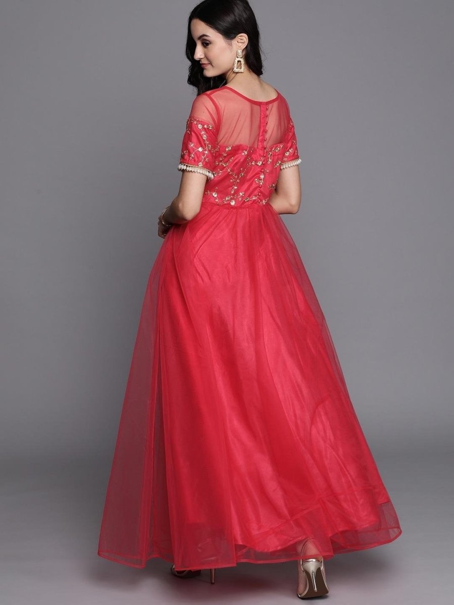 Inddus Pink Net Sequinned Maxi Dress - inddus-us