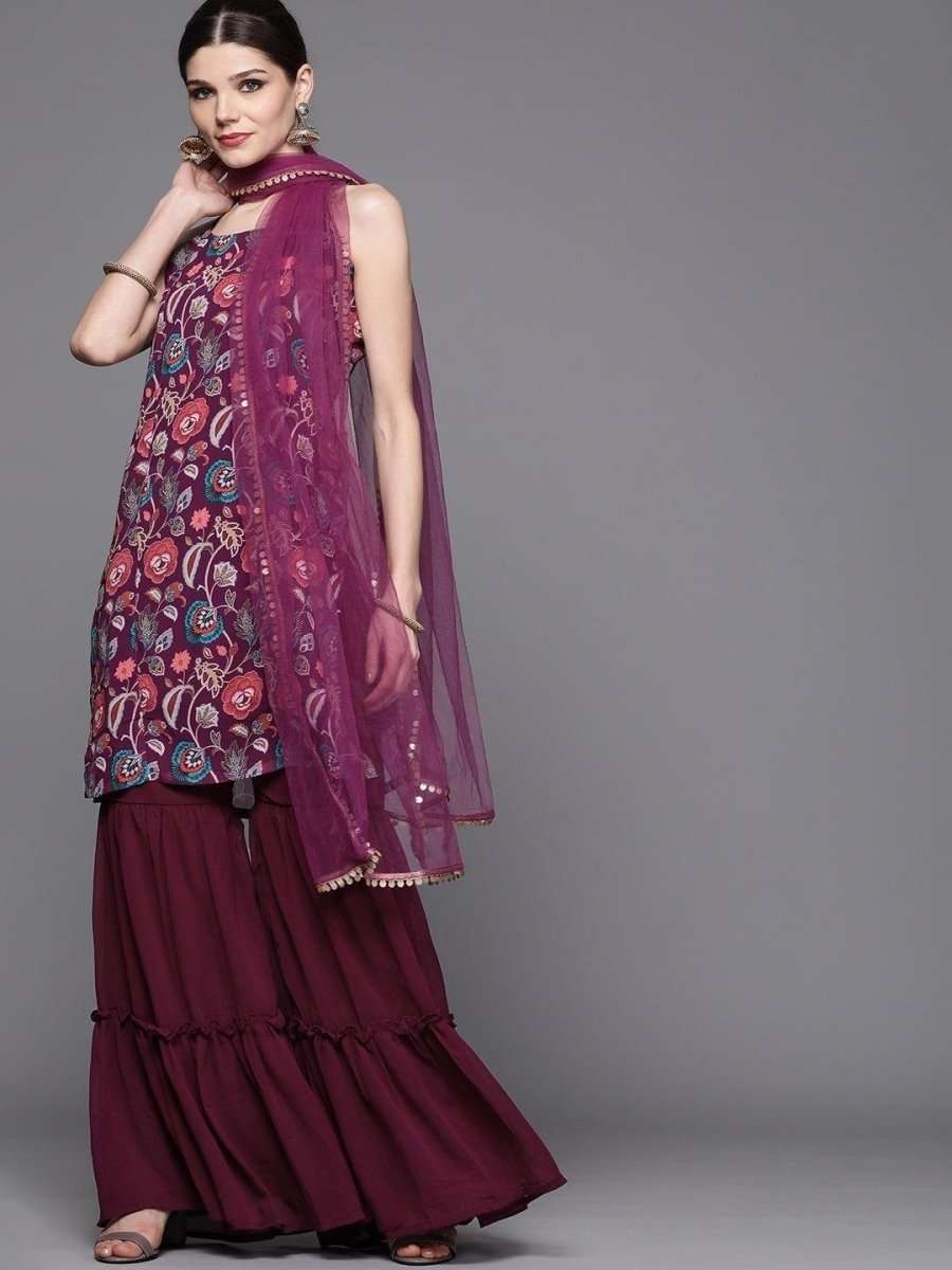 Inddus Purple Printed Kurta with Sharara & Dupatta - Inddus.com