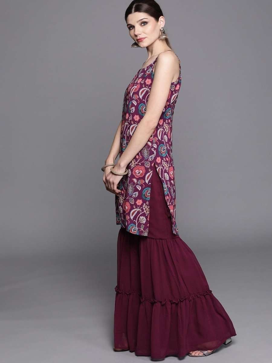 Inddus Purple Printed Kurta with Sharara & Dupatta - Inddus.com