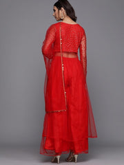 Inddus Red Sequinned Top with Palazzos & Dupatta - Inddus.com