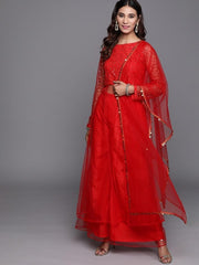Inddus Red Sequinned Top with Palazzos & Dupatta - Inddus.com